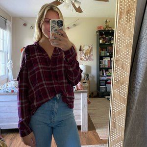 Francesca’s Purple Plaid Cold Shoulder Button Up